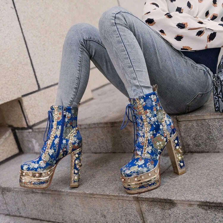 KIMLUD, Light Blue Embroider Lace Women Platform Ankle Boots Pearl Studded 14cm Chunky High Heels Botines Yellow Zipper Autumn Botas2022, Blue / 34, KIMLUD APPAREL - Womens Clothes