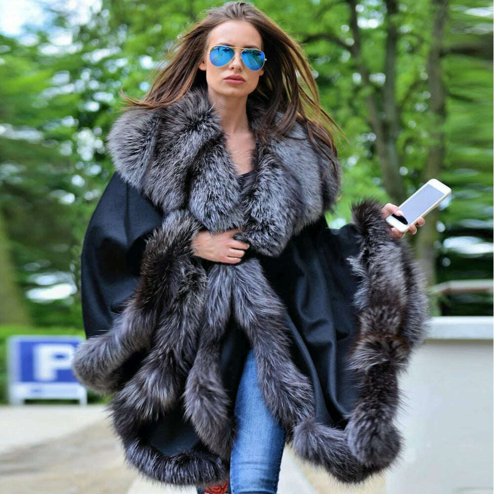 KIMLUD, Light Grey Natural Fox Fur Cashmere Capes Fashion Woman Genuine Fox Fur Wool Blends Ponchos Winter Trendy Fur Overcoat Luxury, Style 2 / bust 88-120cm, KIMLUD APPAREL - Womens Clothes