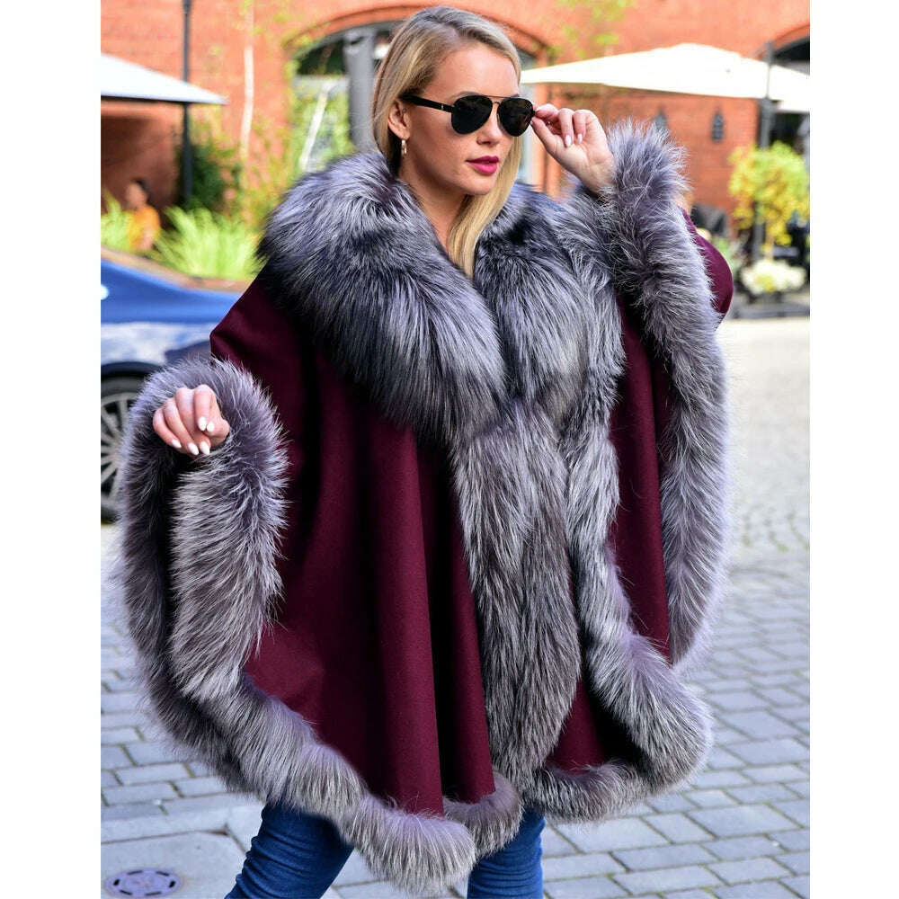 KIMLUD, Light Grey Natural Fox Fur Cashmere Capes Fashion Woman Genuine Fox Fur Wool Blends Ponchos Winter Trendy Fur Overcoat Luxury, Style 5 / bust 88-120cm, KIMLUD APPAREL - Womens Clothes