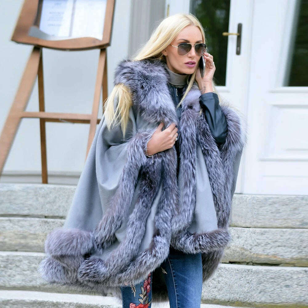 KIMLUD, Light Grey Natural Fox Fur Cashmere Capes Fashion Woman Genuine Fox Fur Wool Blends Ponchos Winter Trendy Fur Overcoat Luxury, KIMLUD Womens Clothes