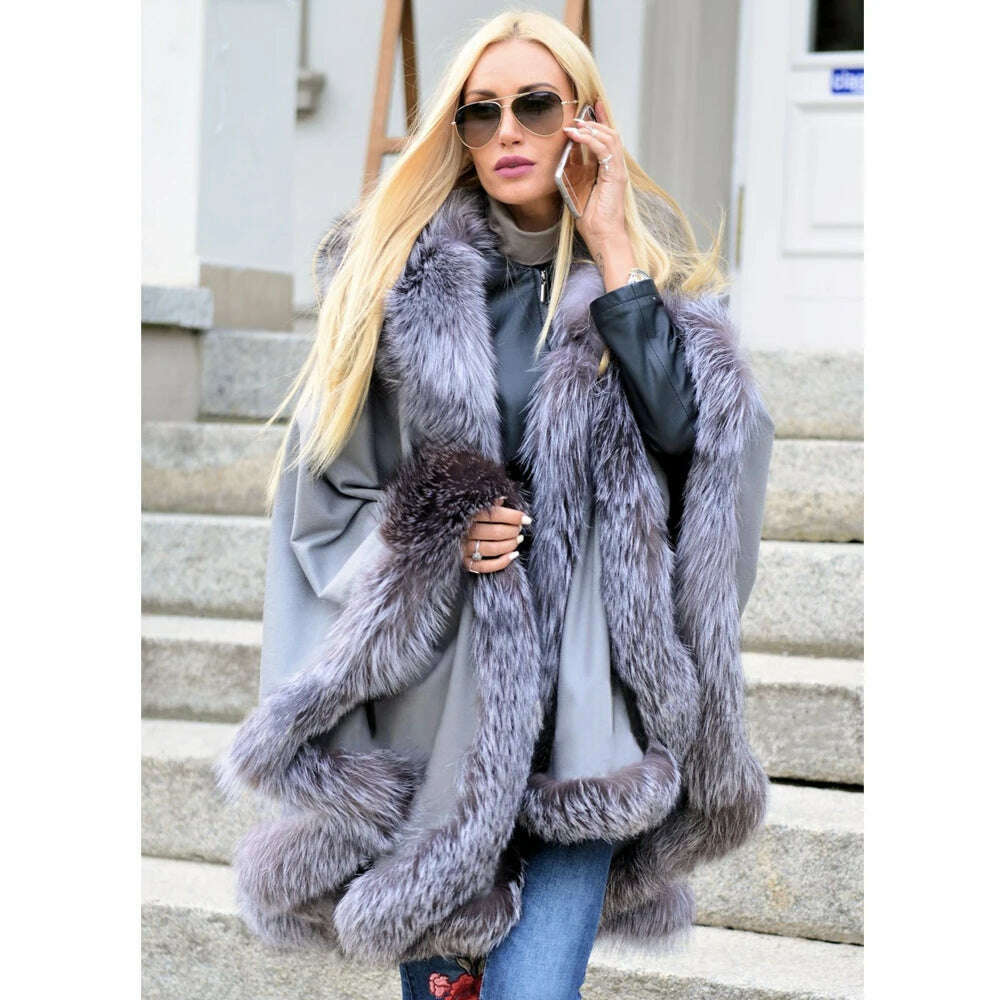 KIMLUD, Light Grey Natural Fox Fur Cashmere Capes Fashion Woman Genuine Fox Fur Wool Blends Ponchos Winter Trendy Fur Overcoat Luxury, KIMLUD Womens Clothes