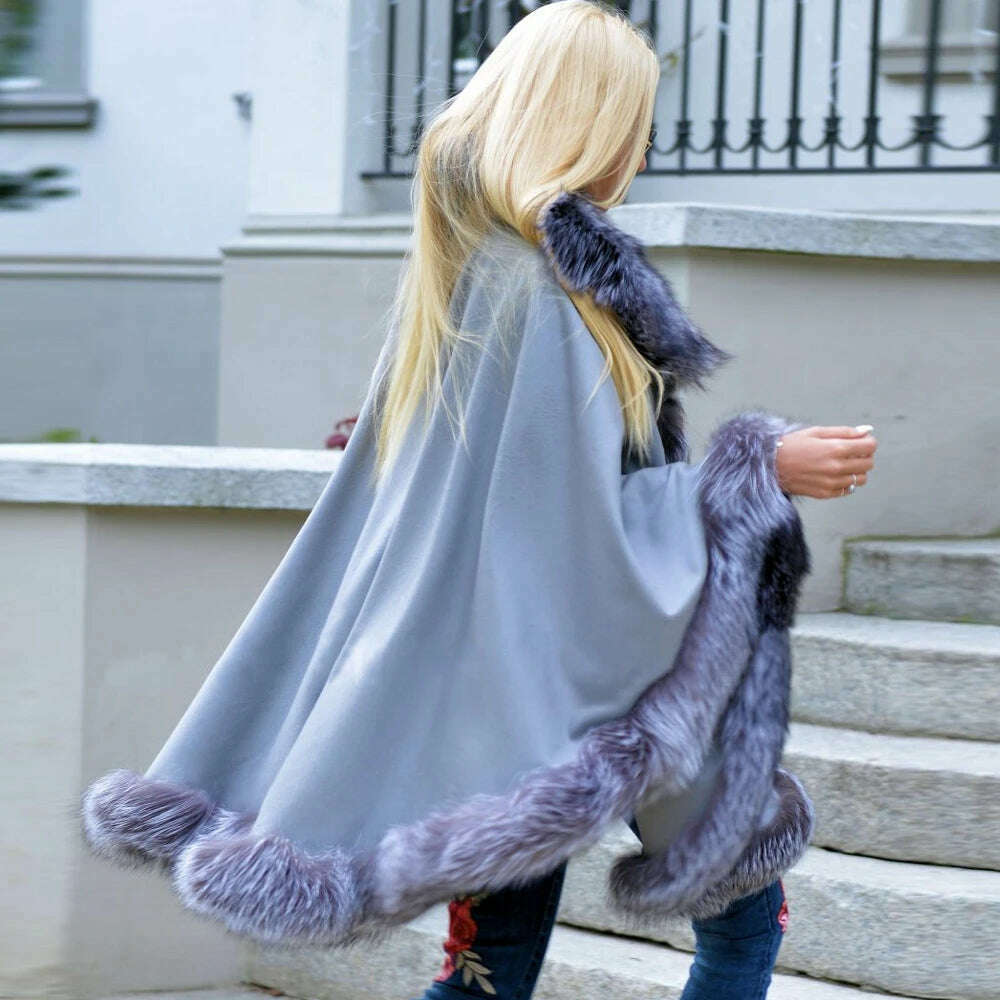 KIMLUD, Light Grey Natural Fox Fur Cashmere Capes Fashion Woman Genuine Fox Fur Wool Blends Ponchos Winter Trendy Fur Overcoat Luxury, KIMLUD Womens Clothes