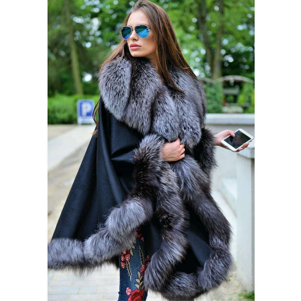 KIMLUD, Light Grey Natural Fox Fur Cashmere Capes Fashion Woman Genuine Fox Fur Wool Blends Ponchos Winter Trendy Fur Overcoat Luxury, KIMLUD Womens Clothes