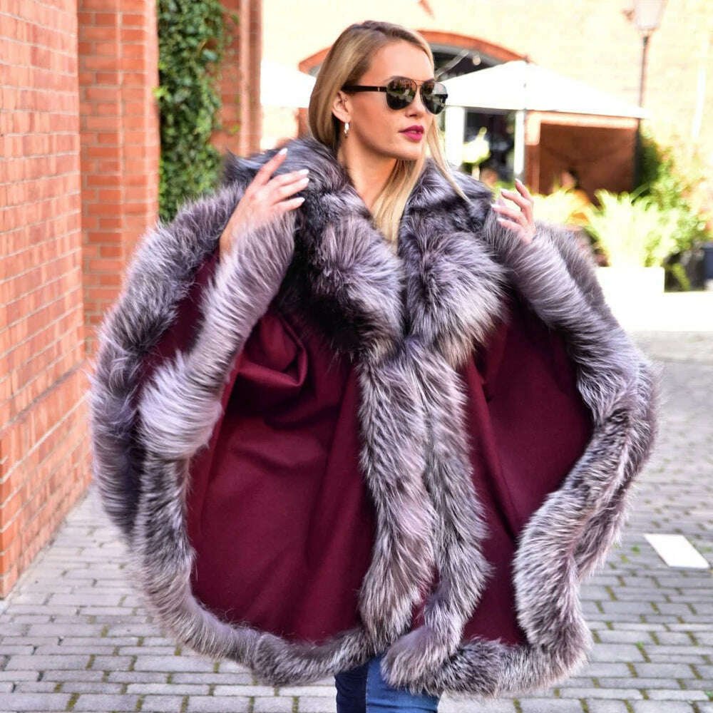 KIMLUD, Light Grey Natural Fox Fur Cashmere Capes Fashion Woman Genuine Fox Fur Wool Blends Ponchos Winter Trendy Fur Overcoat Luxury, KIMLUD Womens Clothes