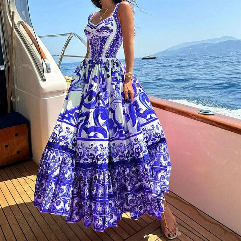 KIMLUD, Light Luxury Medium to Long Printed Strap Dress, Bohemian Style, Elegant, European and American, Summer, New, 2024, KIMLUD Womens Clothes