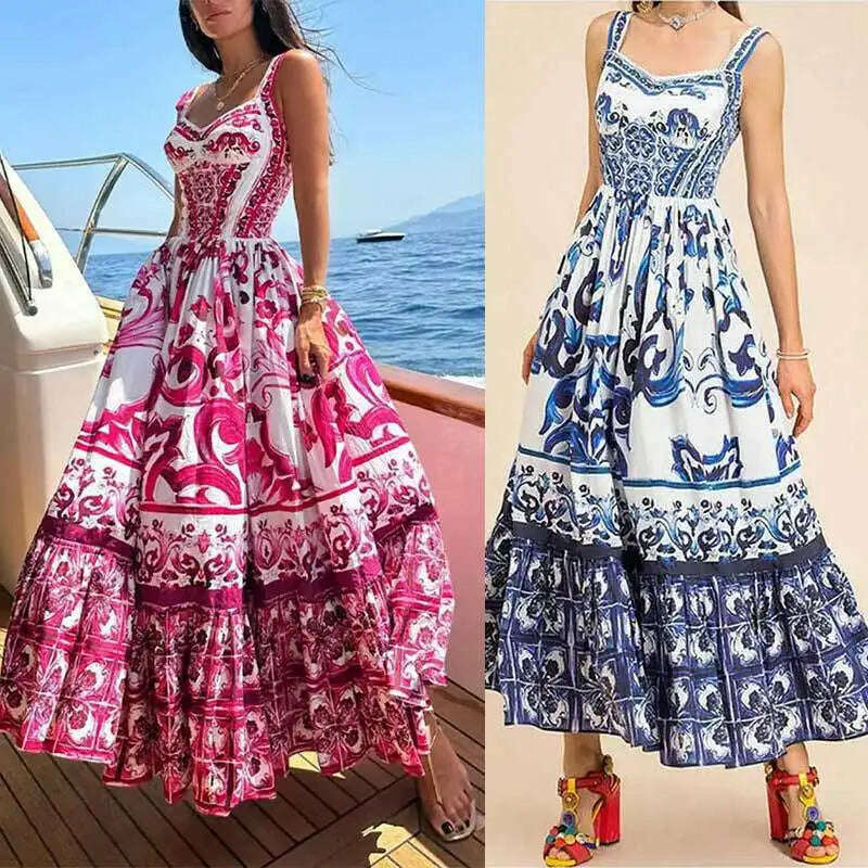 KIMLUD, Light Luxury Medium to Long Printed Strap Dress, Bohemian Style, Elegant, European and American, Summer, New, 2024, KIMLUD Womens Clothes