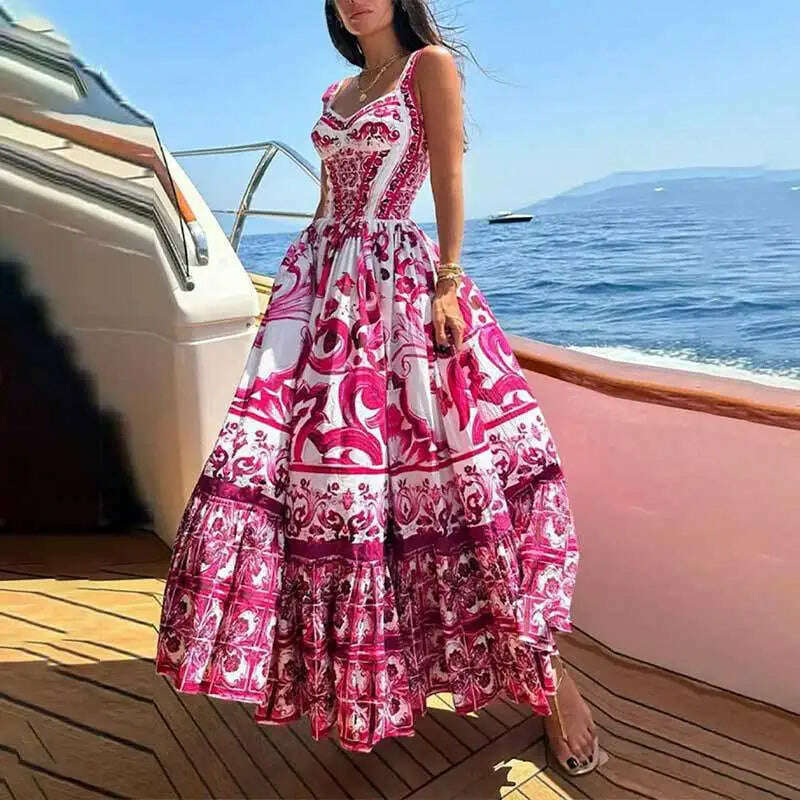 KIMLUD, Light Luxury Medium to Long Printed Strap Dress, Bohemian Style, Elegant, European and American, Summer, New, 2024, KIMLUD Womens Clothes