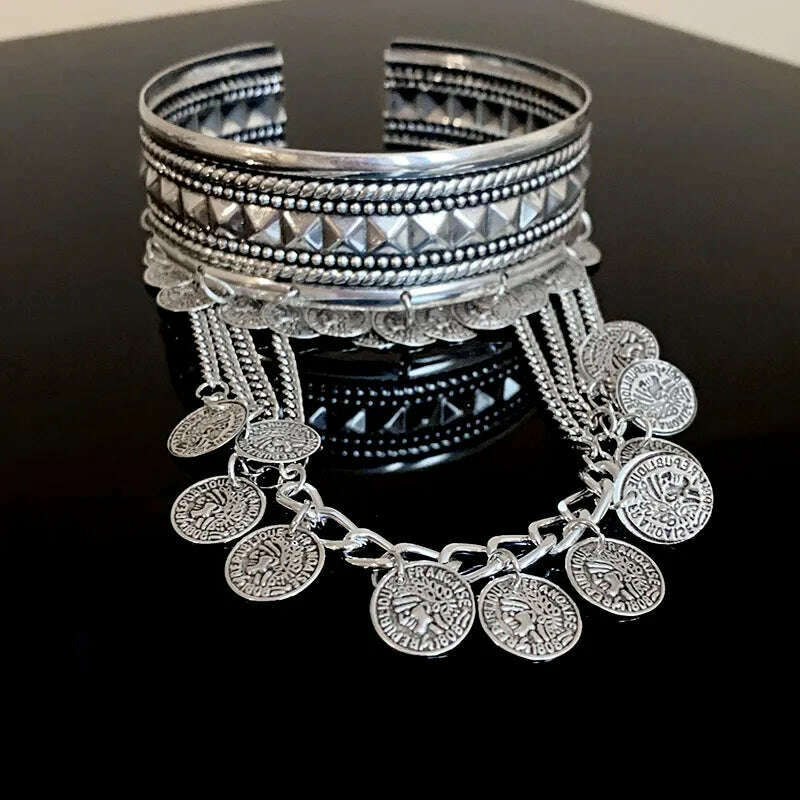 KIMLUD, Light Luxury Round Coin Tassel Open Bangles Niche Creative Design Sense Arm Bracelet Personality Goth Hand Jewelry Wholesale, HB2313-silver, KIMLUD APPAREL - Womens Clothes