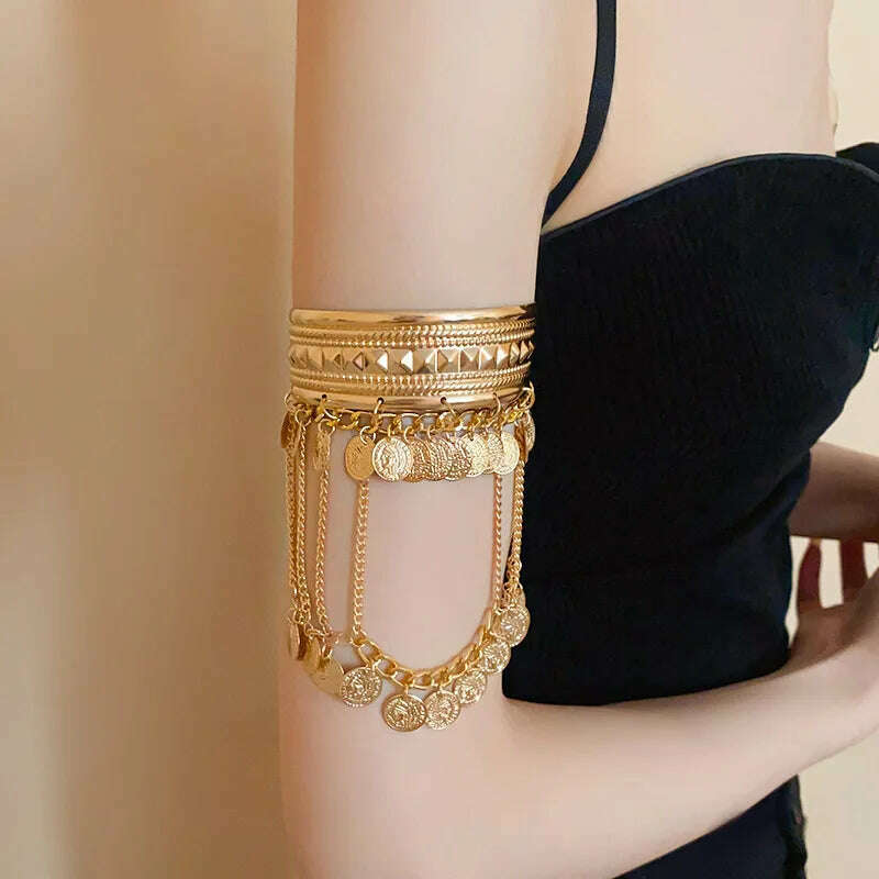 Light Luxury Round Coin Tassel Open Bangles Niche Creative Design Sense Arm Bracelet Personality Goth Hand Jewelry Wholesale - KIMLUD