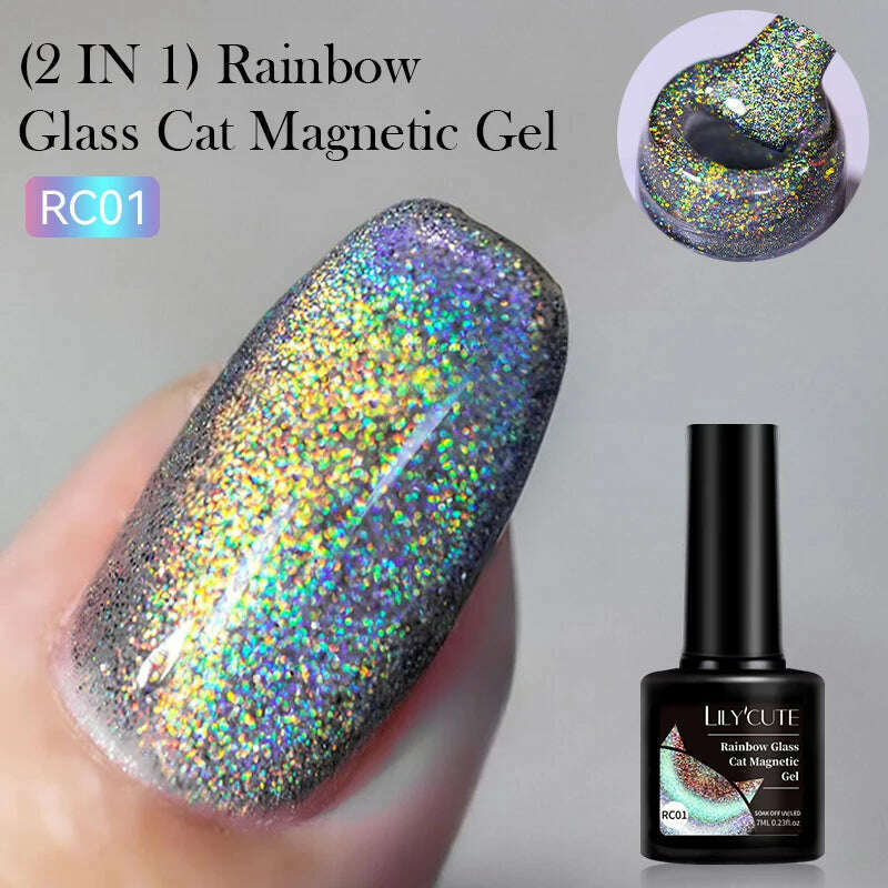 KIMLUD, LILYCUTE 7ML Rainbow Glass Cat Magnetic Gel Nail Polish Super-Bright Colorful Glitter Sparkling Manicure Semi Permanent Nail Gel, LC-RC01, KIMLUD APPAREL - Womens Clothes