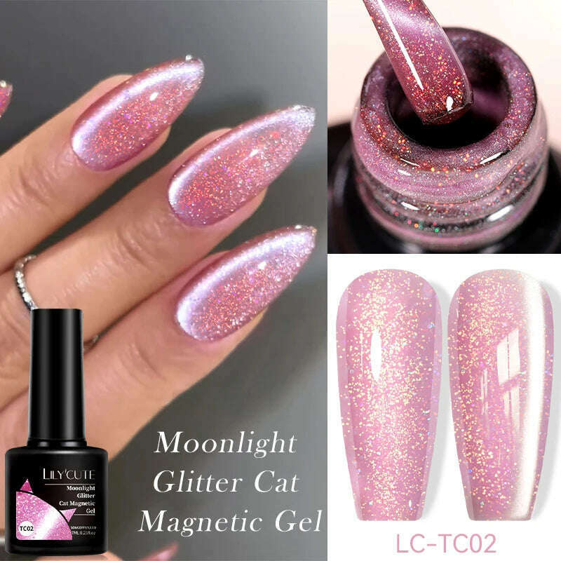 KIMLUD, LILYCUTE 7ML Rainbow Glass Cat Magnetic Gel Nail Polish Super-Bright Colorful Glitter Sparkling Manicure Semi Permanent Nail Gel, LC-TC02, KIMLUD APPAREL - Womens Clothes