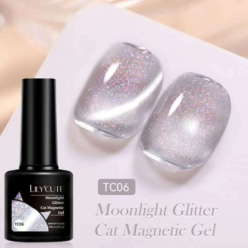 KIMLUD, LILYCUTE 7ML Rainbow Glass Cat Magnetic Gel Nail Polish Super-Bright Colorful Glitter Sparkling Manicure Semi Permanent Nail Gel, LC-TC06, KIMLUD APPAREL - Womens Clothes