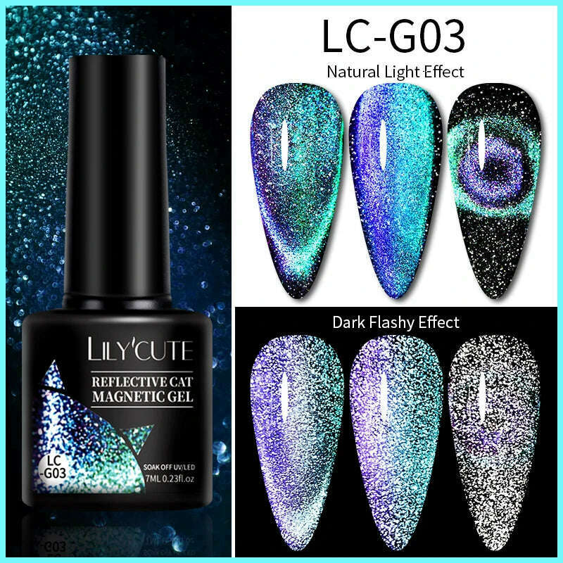 KIMLUD, LILYCUTE 7ML Rainbow Glass Cat Magnetic Gel Nail Polish Super-Bright Colorful Glitter Sparkling Manicure Semi Permanent Nail Gel, LC-G03, KIMLUD APPAREL - Womens Clothes