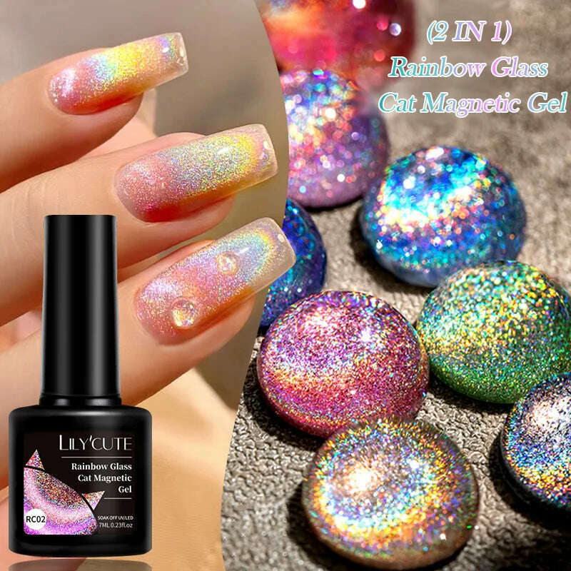 KIMLUD, LILYCUTE 7ML Sparkling Glitter Rainbow Cat Magnetic Gel Nail Polish 9D Colorful  Semi Permanent Soak Off Nail Art UV Gel Varnish, KIMLUD Womens Clothes