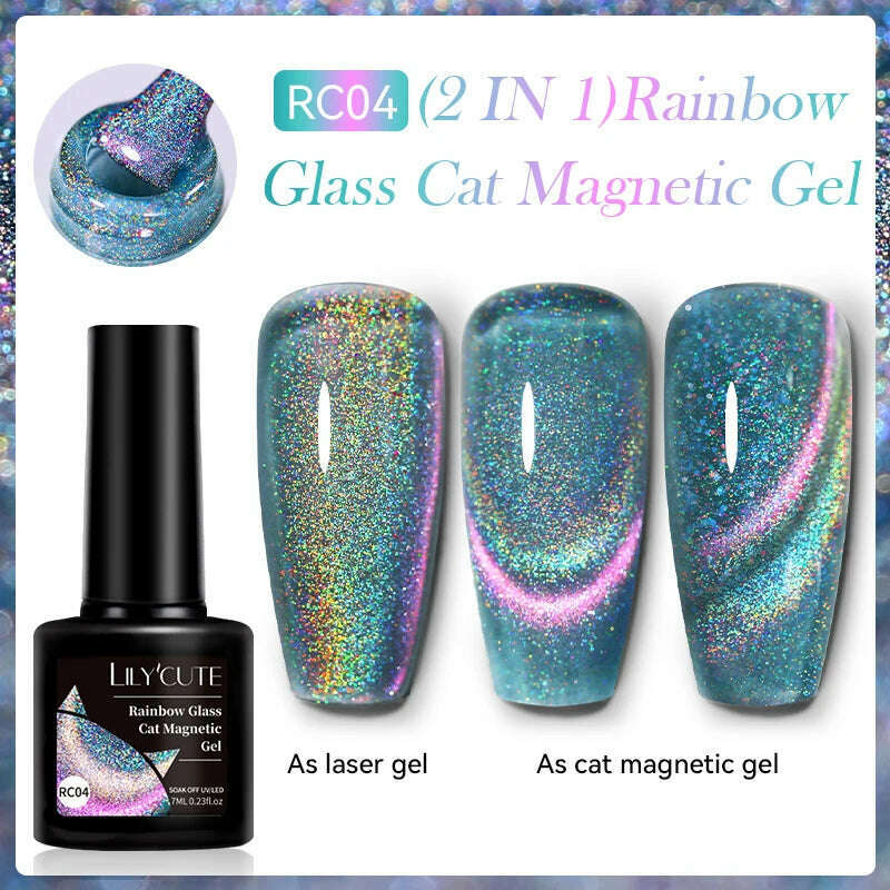 KIMLUD, LILYCUTE 7ML Sparkling Glitter Rainbow Cat Magnetic Gel Nail Polish 9D Colorful  Semi Permanent Soak Off Nail Art UV Gel Varnish, LC-RC04, KIMLUD APPAREL - Womens Clothes