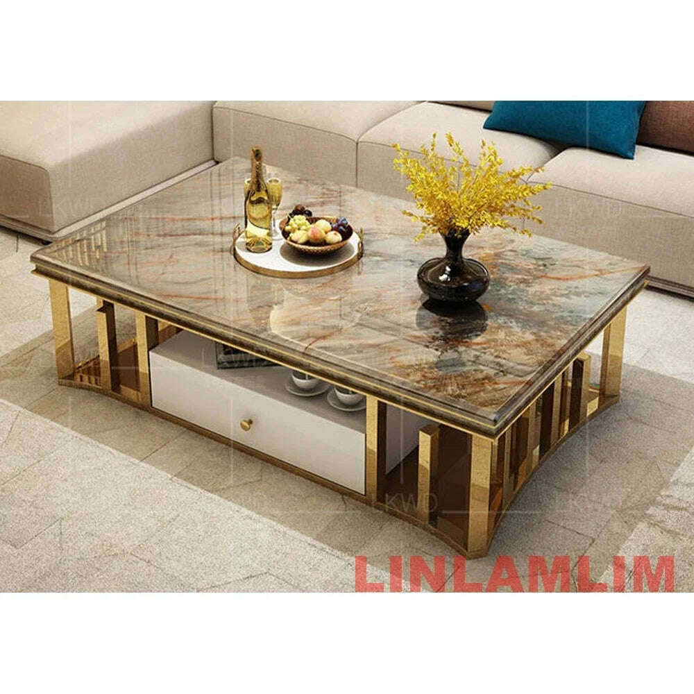 KIMLUD, Linlamlim Minimalist Sticking Seashell Coffee Table in Gold Stainless Steel Frame Natural Marble Tea Table Living Room Furniture, KIMLUD Womens Clothes