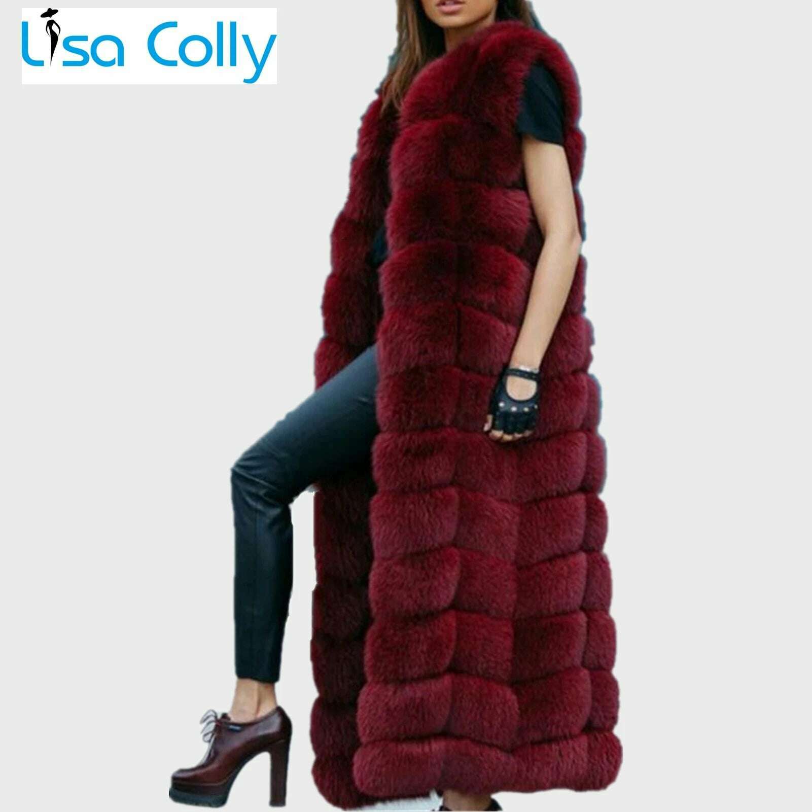 Lisa Colly Fashion Winter Super Long Fur Vest Women Luxury Faux Fox Fur Vest Furry Slim Woman Fake Fur Coat Jacket Long Outwear - KIMLUD