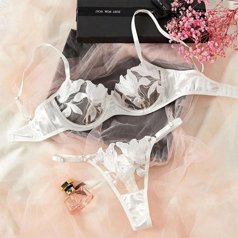 Little Fresh Flower Embroidery Fun Underwear Sexy Bra Women's Fun Set - KIMLUD