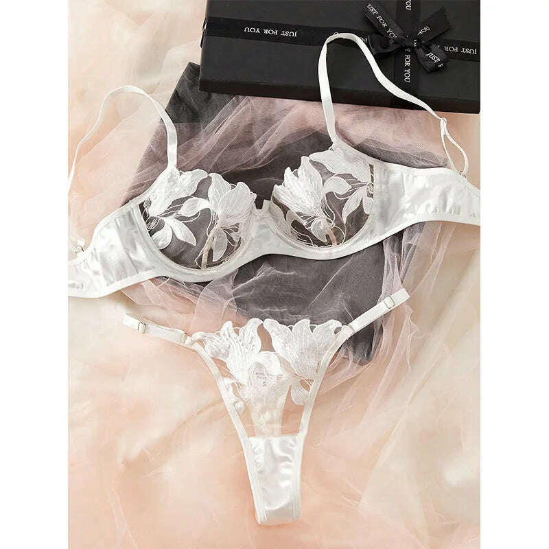 Little Fresh Flower Embroidery Fun Underwear Sexy Bra Women's Fun Set - KIMLUD