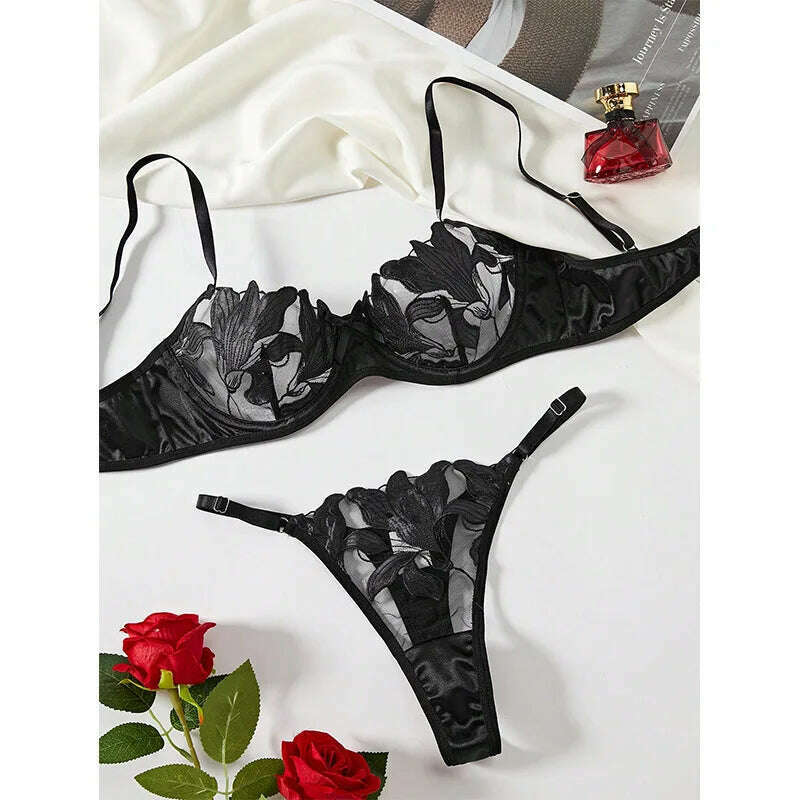 Little Fresh Flower Embroidery Fun Underwear Sexy Bra Women's Fun Set - KIMLUD