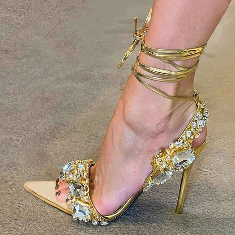 Liyke Sexy Ankle Strap Golded Sandals Women Party Nightclub Stripper Heels High Quality Crystal Diamond Pointed Toe Wedding Shoe - KIMLUD