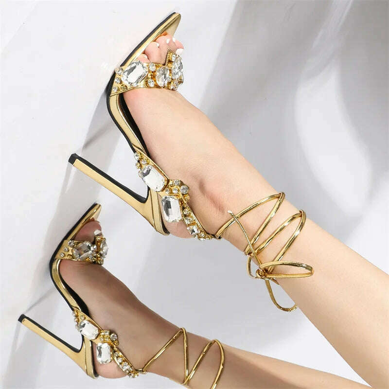 KIMLUD, Liyke Sexy Ankle Strap Golded Sandals Women Party Nightclub Stripper Heels High Quality Crystal Diamond Pointed Toe Wedding Shoe, KIMLUD Womens Clothes