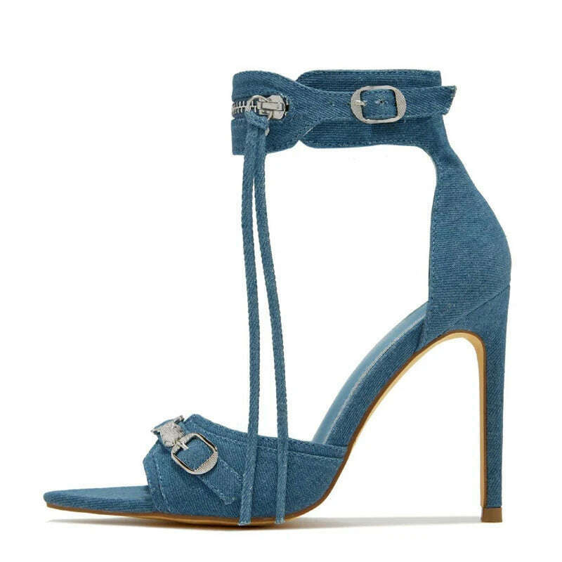 KIMLUD, Liyke Summer Fashion Zip Tassel Women Sandals Metal Rivet Buckle Pointed Open Toe Stripper Heels Wedding Banquet Shoes Stiletto, Blue / 39, KIMLUD APPAREL - Womens Clothes