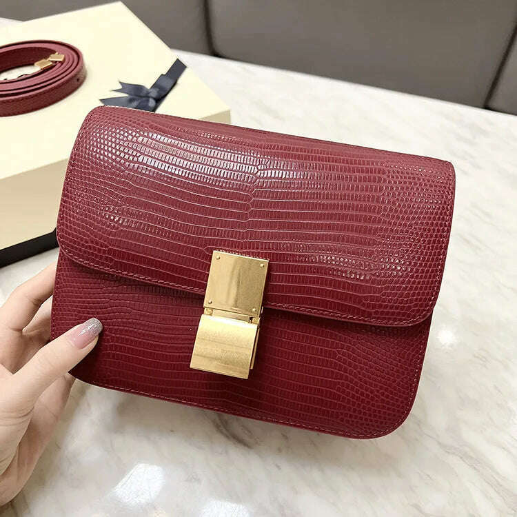 KIMLUD, Lizard Pattern Square Bag Female Flip Cover Luxury Designer Brand Handbag Geniune Leather Shoulder Crossbody Bags Messenger Bag, wine red / small, KIMLUD APPAREL - Womens Clothes