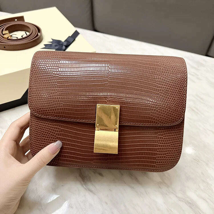 KIMLUD, Lizard Pattern Square Bag Female Flip Cover Luxury Designer Brand Handbag Geniune Leather Shoulder Crossbody Bags Messenger Bag, brown / small, KIMLUD APPAREL - Womens Clothes