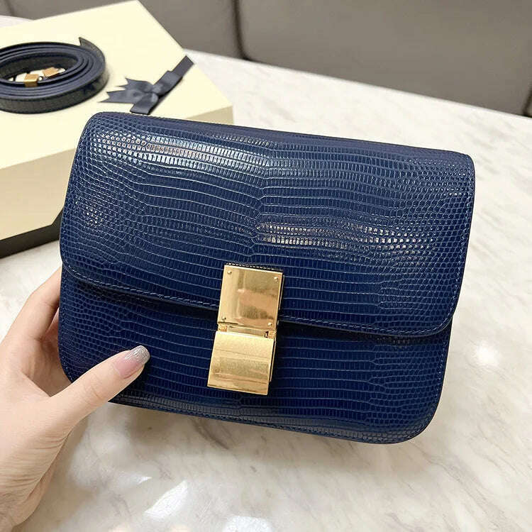 KIMLUD, Lizard Pattern Square Bag Female Flip Cover Luxury Designer Brand Handbag Geniune Leather Shoulder Crossbody Bags Messenger Bag, sapphire blue / small, KIMLUD APPAREL - Womens Clothes