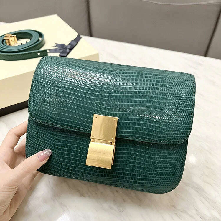 KIMLUD, Lizard Pattern Square Bag Female Flip Cover Luxury Designer Brand Handbag Geniune Leather Shoulder Crossbody Bags Messenger Bag, dark green / small, KIMLUD APPAREL - Womens Clothes