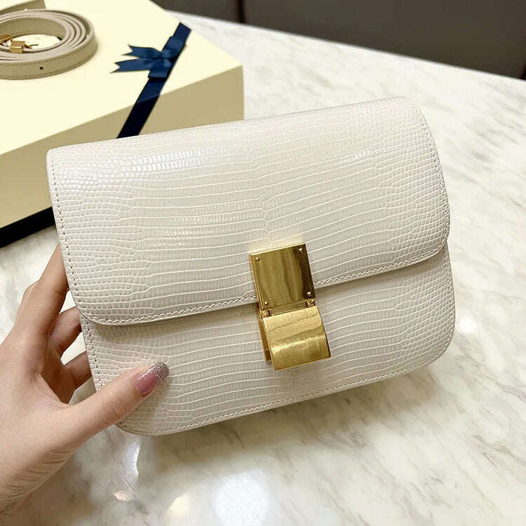 KIMLUD, Lizard Pattern Square Bag Female Flip Cover Luxury Designer Brand Handbag Geniune Leather Shoulder Crossbody Bags Messenger Bag, milk white / small, KIMLUD APPAREL - Womens Clothes