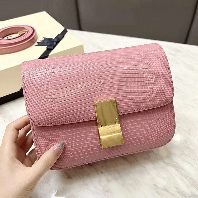 KIMLUD, Lizard Pattern Square Bag Female Flip Cover Luxury Designer Brand Handbag Geniune Leather Shoulder Crossbody Bags Messenger Bag, pink / small, KIMLUD APPAREL - Womens Clothes