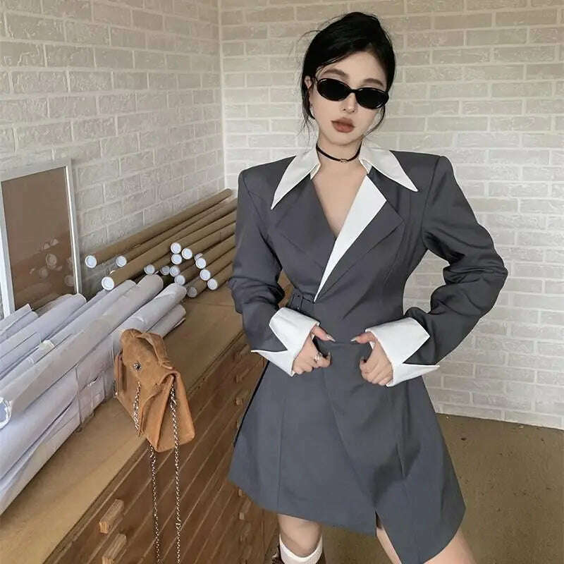 KIMLUD, Lnsozkdg Contrasting Colors Blazer Dresses Women Notched Collar Long Sleeve Patchwork Belt Temperament Blazers Female Fashion, KIMLUD Womens Clothes