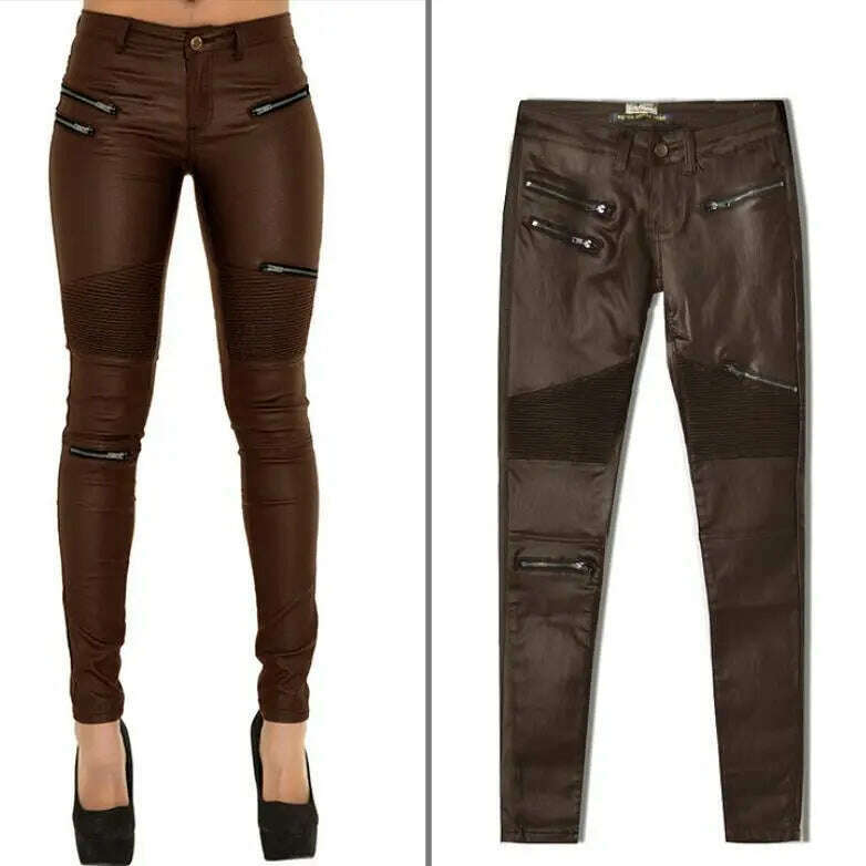 KIMLUD, LOGAMI Faux Leather Pants Women Elastic Zipper Leather Pants Trousers 2018 Leren Broeken, Brown 1 / XS, KIMLUD APPAREL - Womens Clothes