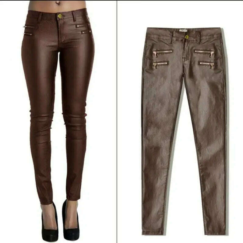 KIMLUD, LOGAMI Faux Leather Pants Women Elastic Zipper Leather Pants Trousers 2018 Leren Broeken, Brown / XS, KIMLUD APPAREL - Womens Clothes