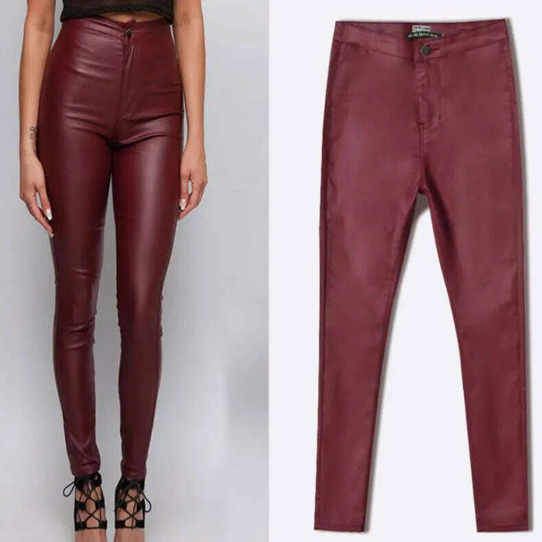 KIMLUD, LOGAMI Faux Leather Pants Women Elastic Zipper Leather Pants Trousers 2018 Leren Broeken, wine red 1 / XS, KIMLUD APPAREL - Womens Clothes