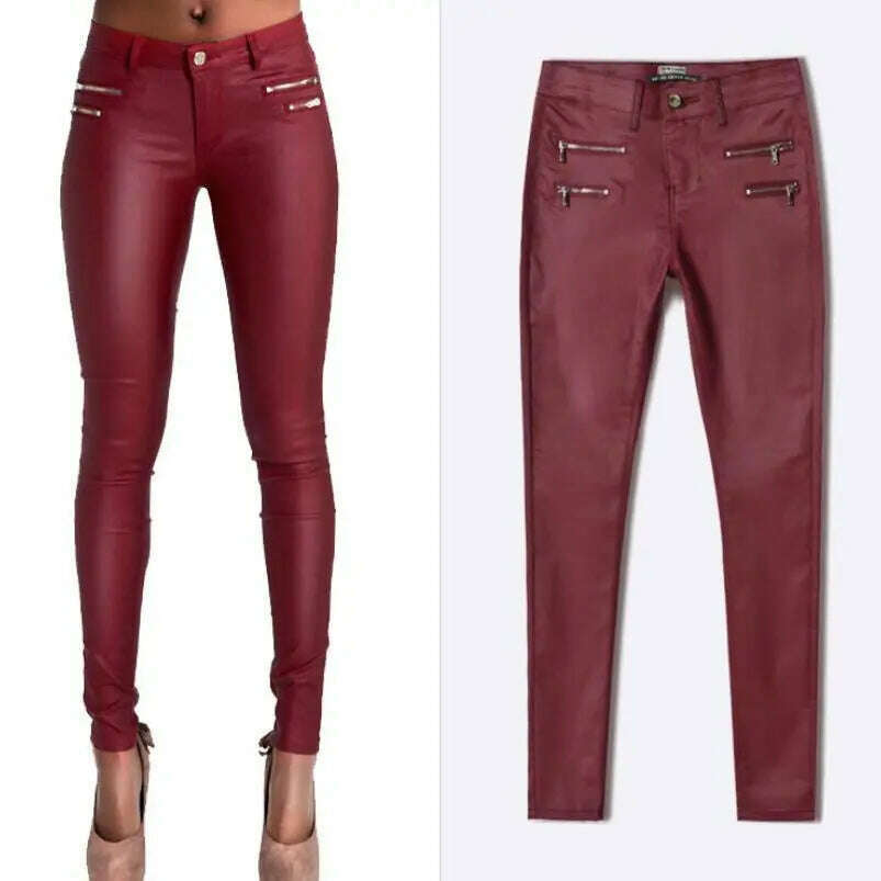 KIMLUD, LOGAMI Faux Leather Pants Women Elastic Zipper Leather Pants Trousers 2018 Leren Broeken, wine red / XS, KIMLUD APPAREL - Womens Clothes