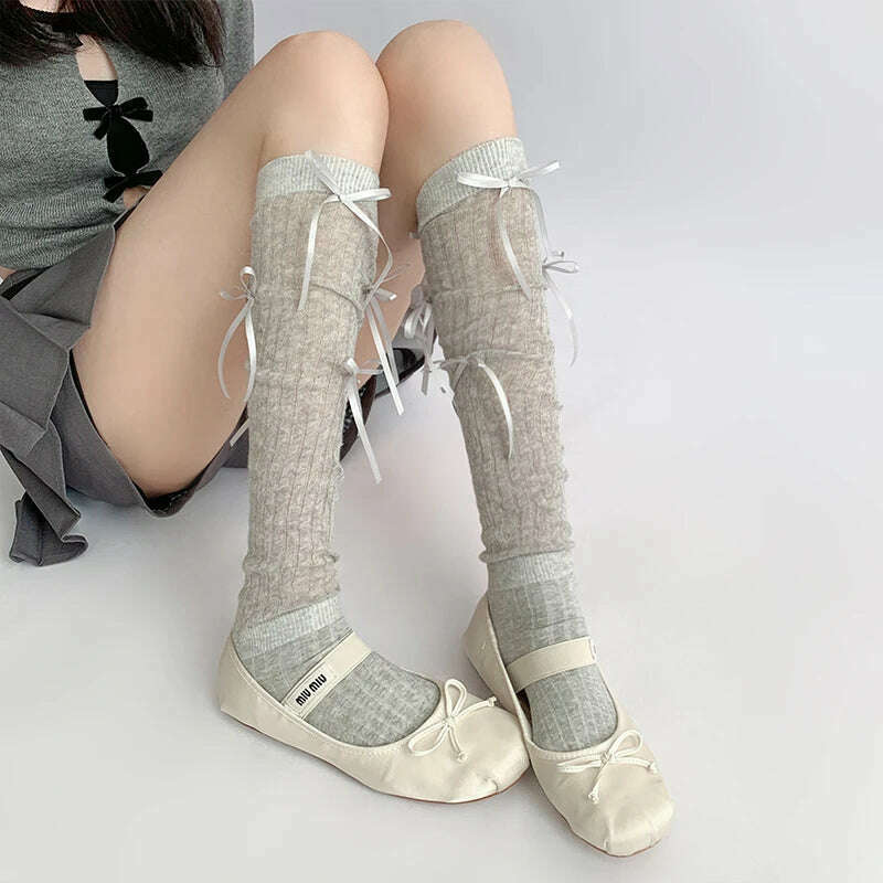 KIMLUD, Lolita Long Socks Stockings Women JK Sweet Girls Kawaii Knee High Socks Ballet Style Bandage Bowknot Thigh High Socks Stockings, light gray / One Size, KIMLUD APPAREL - Womens Clothes