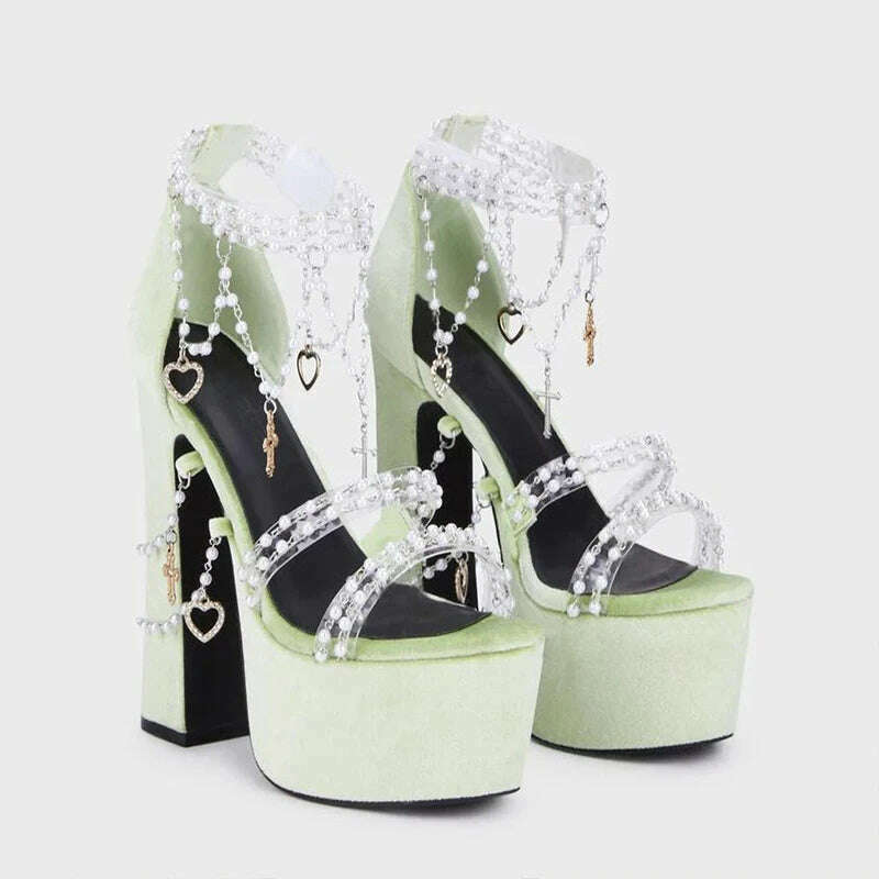 KIMLUD, Lolita Pearls Heart Chains Purple Velvet Platform Sandals Chunky High Heel Beads PVC Straps Wedding Shoes Jewerly Ladies Pumps, mint green / 36, KIMLUD APPAREL - Womens Clothes