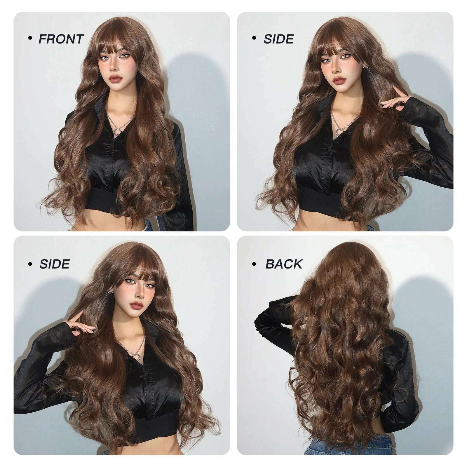 Long Body Wave Synthetic Wigs Dark Brown Wavy Wig with Bangs Chocolate Brown Hair for Women Full Wig Heat Resistant Daily Use - KIMLUD