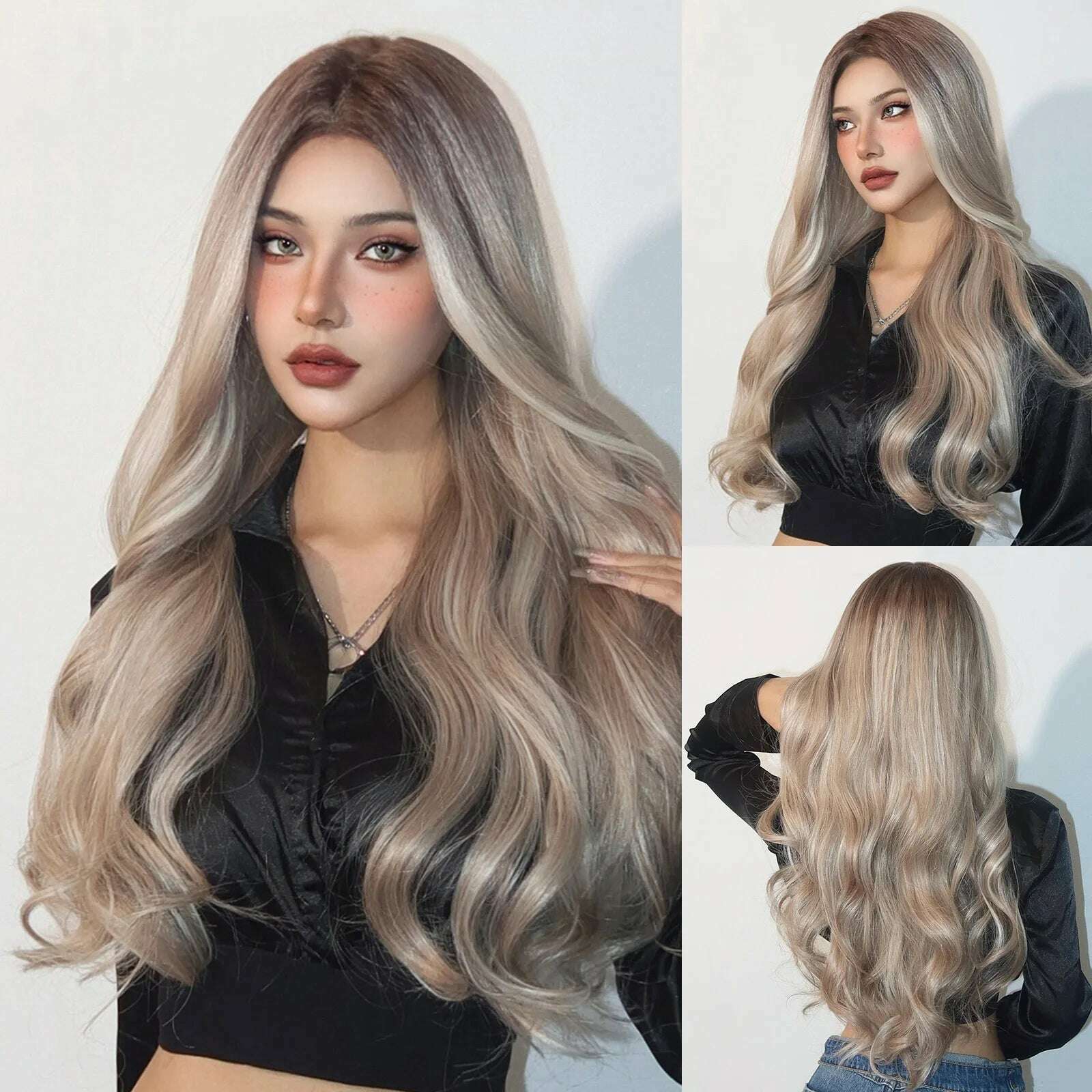 Long Body Wave Synthetic Wigs Dark Brown Wavy Wig with Bangs Chocolate Brown Hair for Women Full Wig Heat Resistant Daily Use - KIMLUD