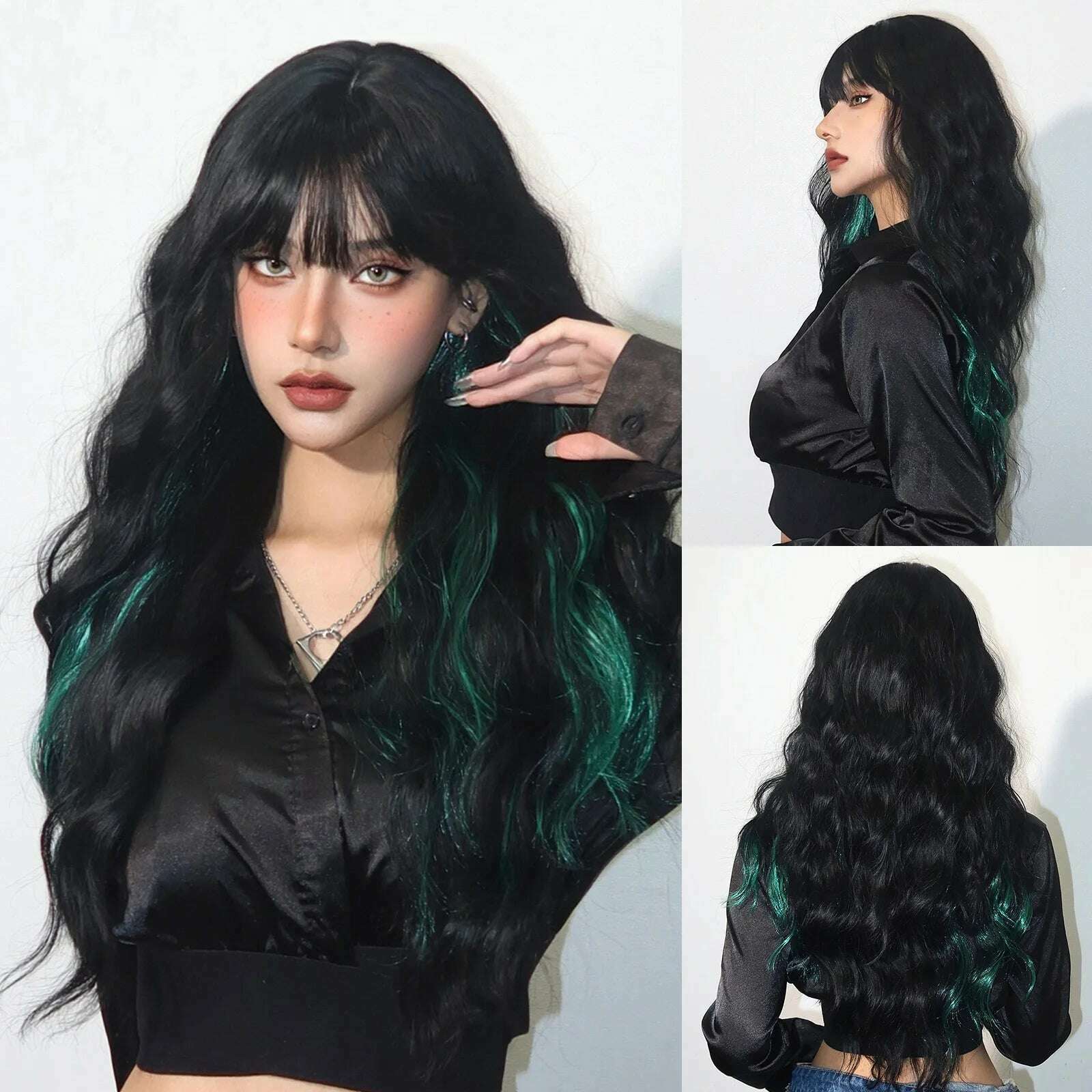 Long Body Wave Synthetic Wigs Dark Brown Wavy Wig with Bangs Chocolate Brown Hair for Women Full Wig Heat Resistant Daily Use - KIMLUD