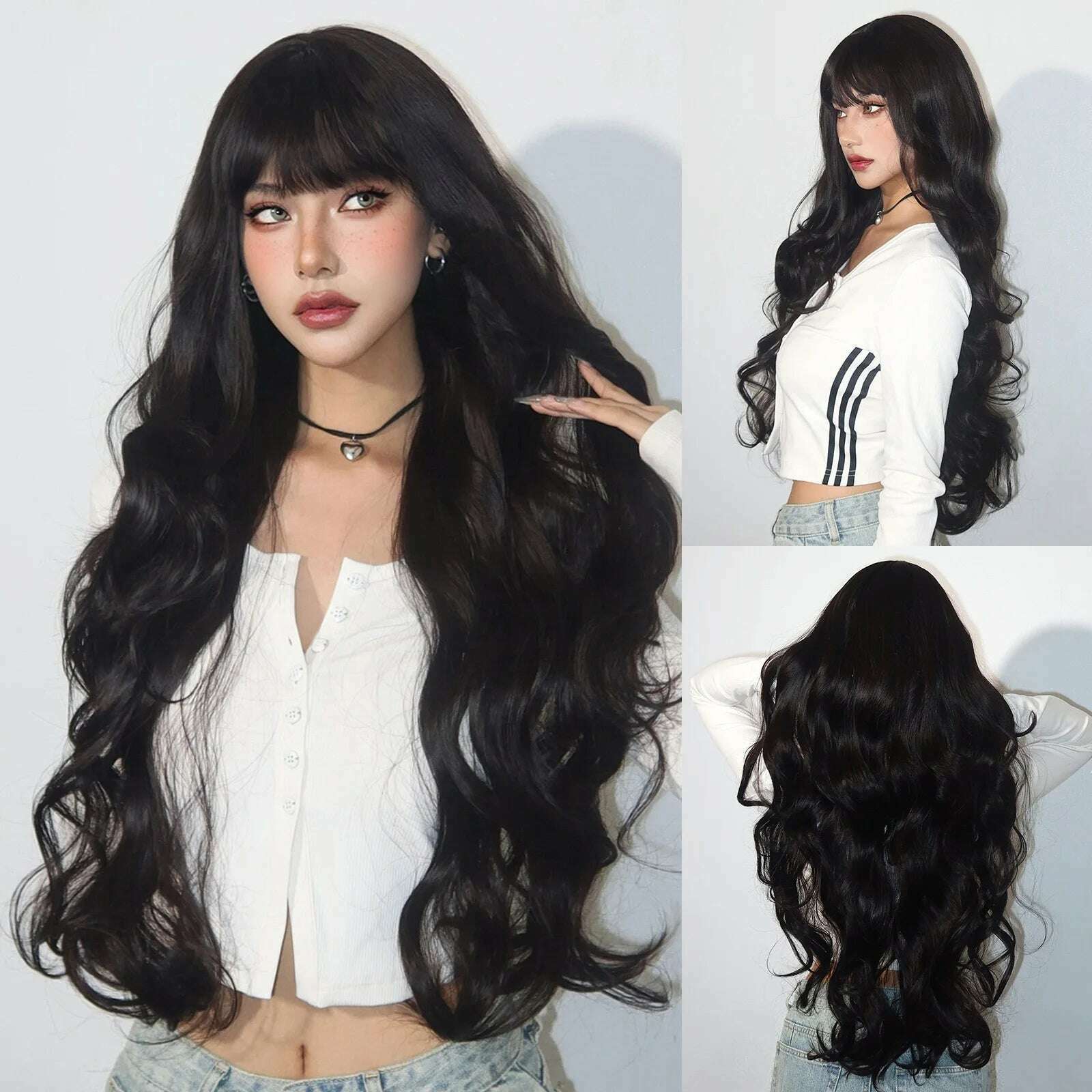 KIMLUD, Long Body Wave Synthetic Wigs Dark Brown Wavy Wig with Bangs Chocolate Brown Hair for Women Full Wig Heat Resistant Daily Use, LC3008-1, KIMLUD APPAREL - Womens Clothes