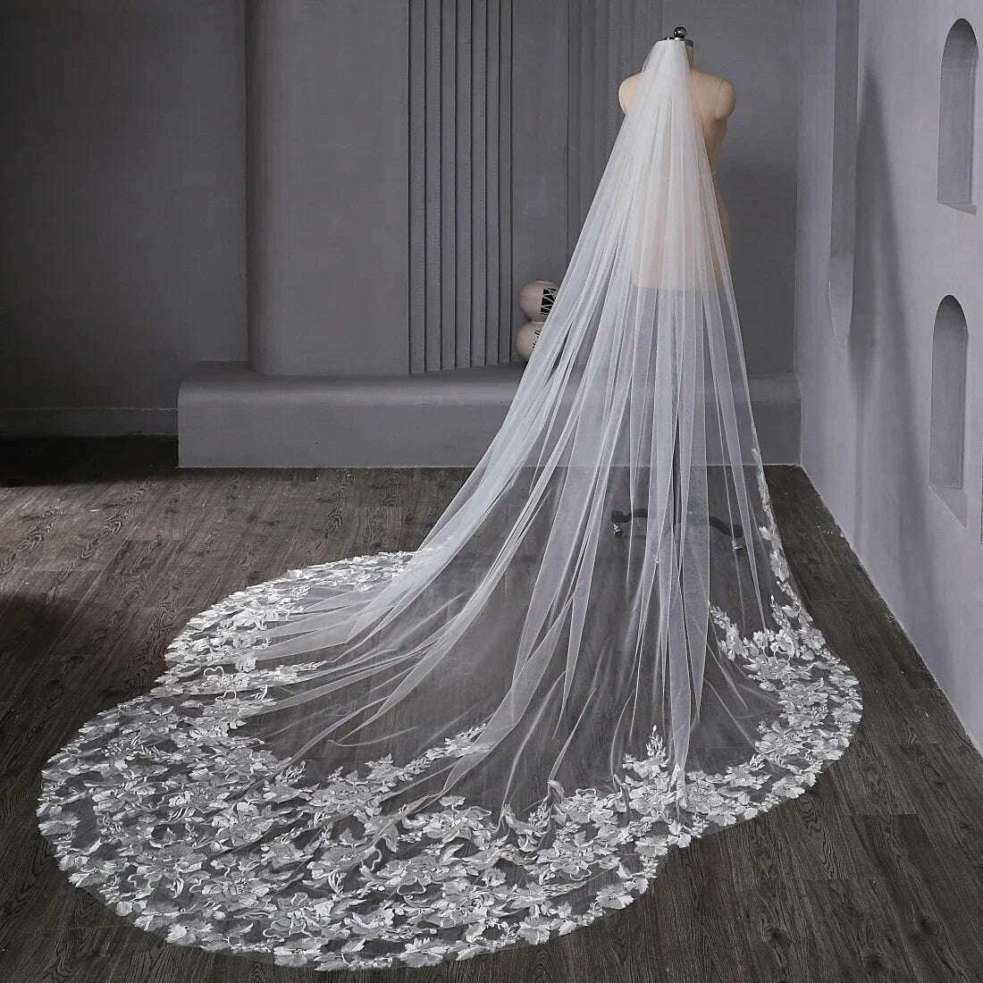 KIMLUD, Long Bridal Veil 1 Tier Wedding Veil with Comb White Ivory Cathedral Lace Appliques Scalloped Veil for Bride Accessories 300cm, Off-White / 400cm, KIMLUD APPAREL - Womens Clothes