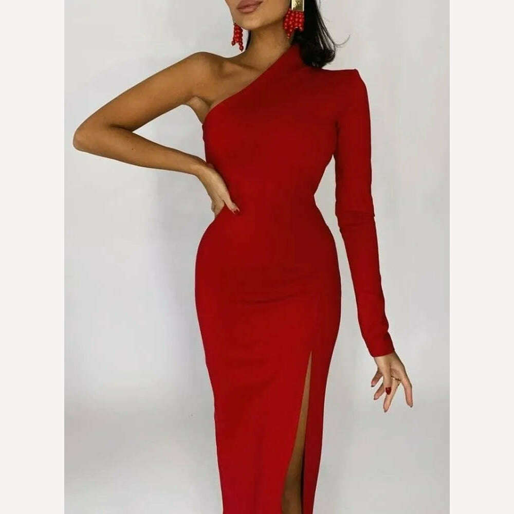 KIMLUD, Long Elegant Dresses for Women Summer One Shoulder Maxi Dress Bodycon Sexy Black Slit Fomal Wedding Evening Party Dress 2022, Red / L, KIMLUD APPAREL - Womens Clothes