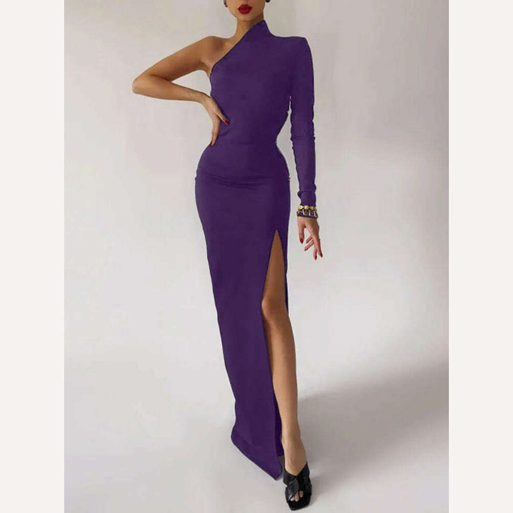 KIMLUD, Long Elegant Dresses for Women Summer One Shoulder Maxi Dress Bodycon Sexy Black Slit Fomal Wedding Evening Party Dress 2022, Purple / XS, KIMLUD APPAREL - Womens Clothes