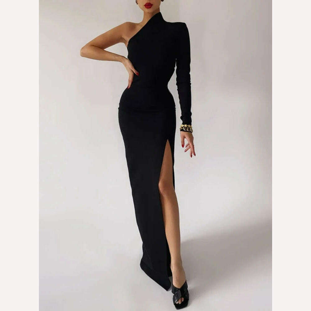 KIMLUD, Long Elegant Dresses for Women Summer One Shoulder Maxi Dress Bodycon Sexy Black Slit Fomal Wedding Evening Party Dress 2022, KIMLUD Womens Clothes