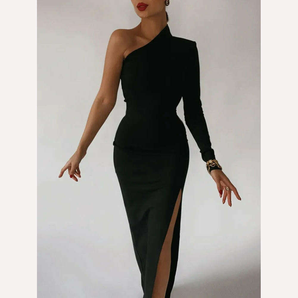 KIMLUD, Long Elegant Dresses for Women Summer One Shoulder Maxi Dress Bodycon Sexy Black Slit Fomal Wedding Evening Party Dress 2022, KIMLUD Womens Clothes