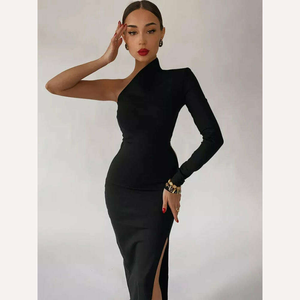 KIMLUD, Long Elegant Dresses for Women Summer One Shoulder Maxi Dress Bodycon Sexy Black Slit Fomal Wedding Evening Party Dress 2022, KIMLUD Womens Clothes